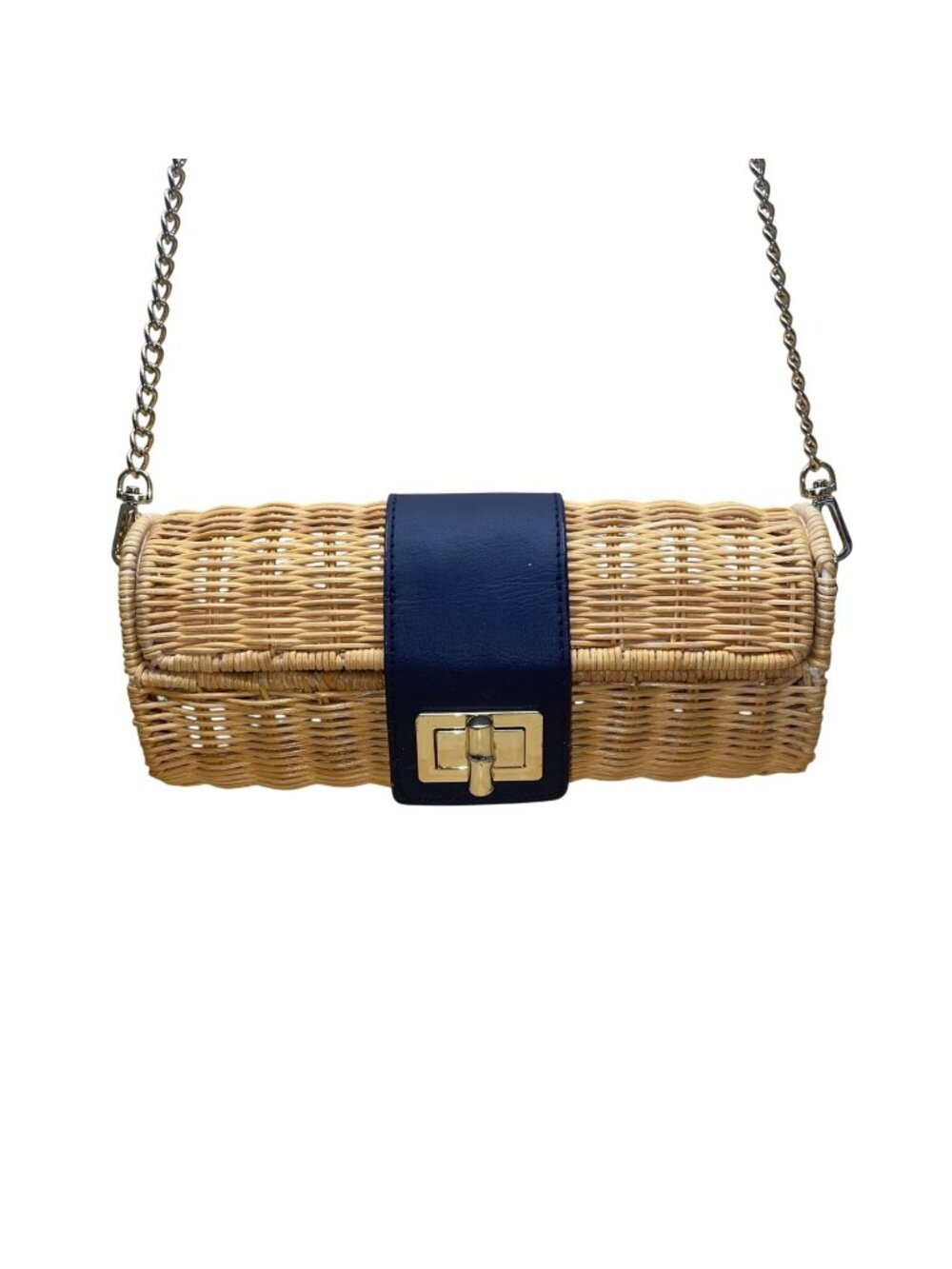 Talbots Women’s Navy Blue Rattan Leather & Natural  Straw Wicker Purse